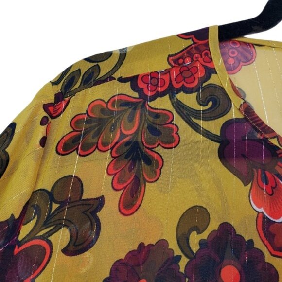 Loft Womens Bell Sleeve Yellow Red Floral Print Ruffle Chiffon Top Size M - Picture 6 of 9